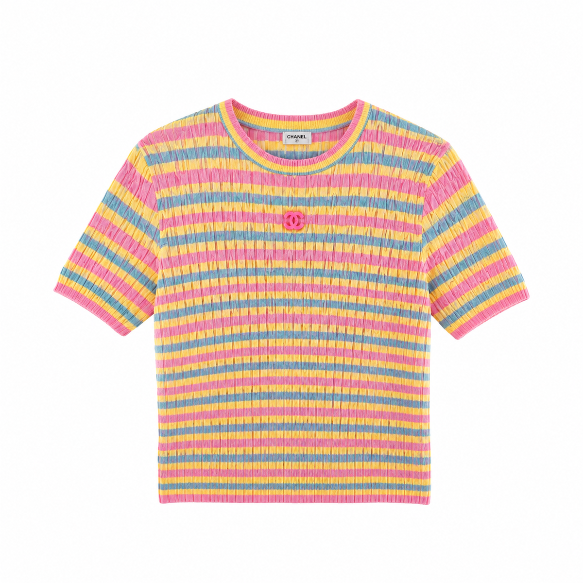 T-shirt en maille de coton côtelée à rayures pastel Chanel