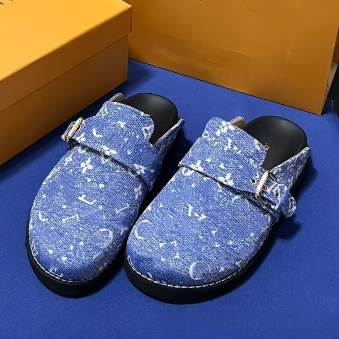Summer new Louis letter slippers, sandals, women's outerwear, thick-soled outerwear, couple's closed-toe half-slippers (Copie)