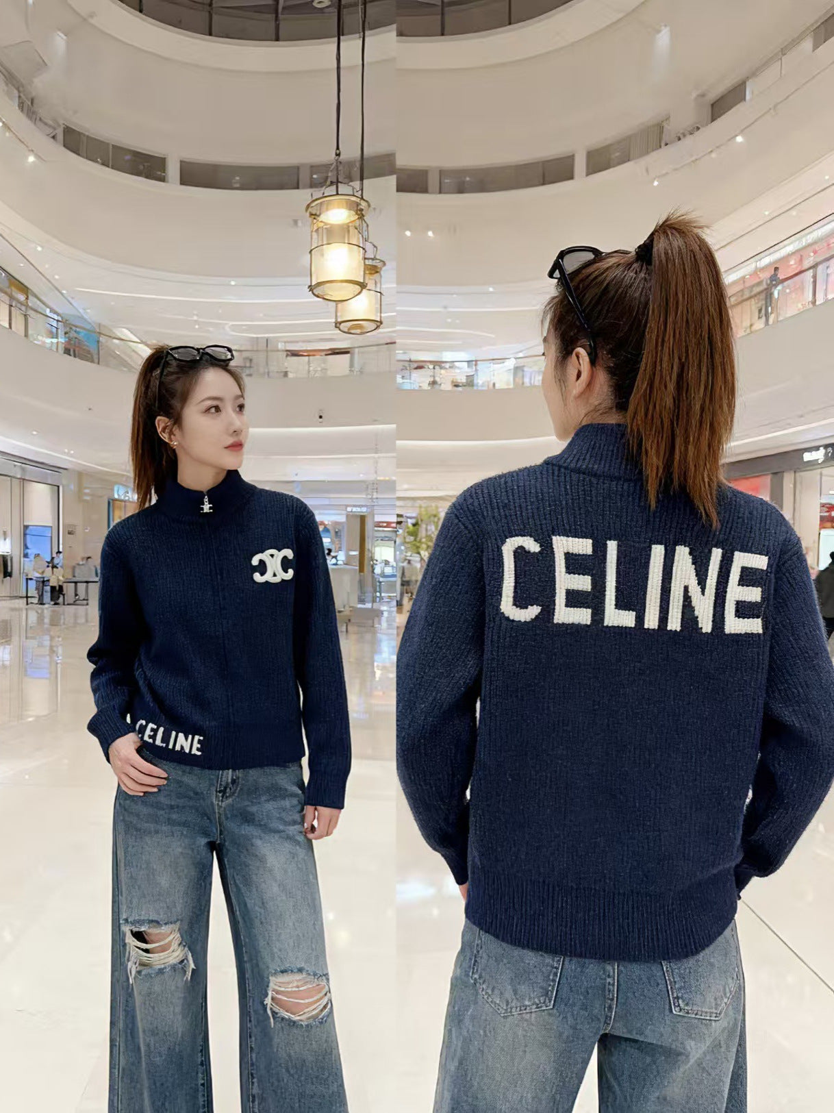 New Korean lazy style loose sweater jacket women's autumn and winter zipper letter embroidery turtleneck knitted cardigan top