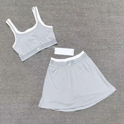 Cross-border yoga tank top short skirt set, fitness sports running with bra pads, bra, fake two-piece yoga suit