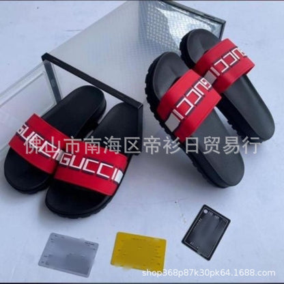 European Station Southeast Asian High Quality Unisex Slippers Thick-soled Stripe Letter Print Anti-Slip Rubber Slippers