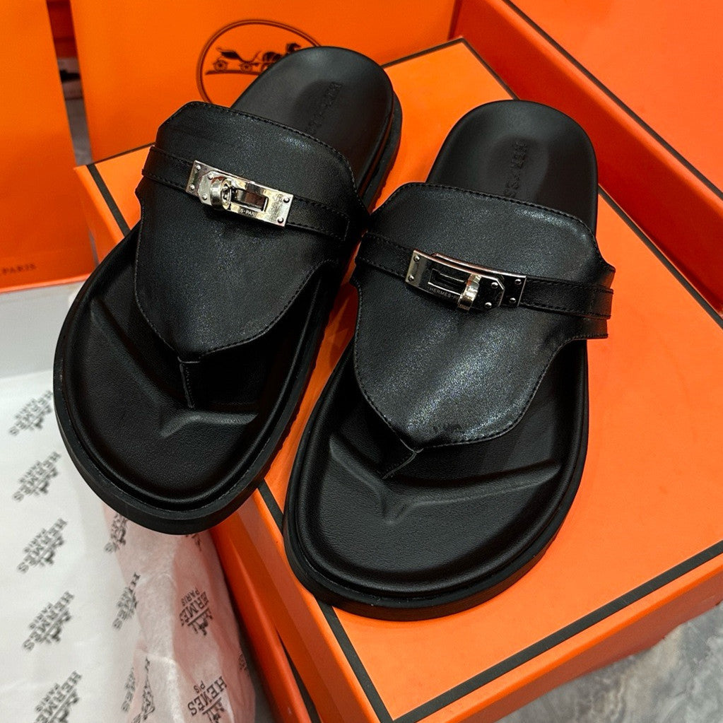 H family metal lock clip toe flip flops 2026 summer new second uncle slippers women wear beach flat sandals outside