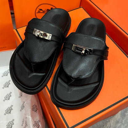 H family metal lock clip toe flip flops 2026 summer new second uncle slippers women wear beach flat sandals outside