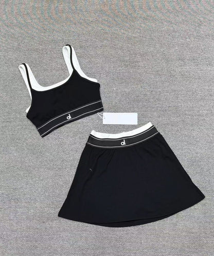 Cross-border yoga tank top short skirt set, fitness sports running with bra pads, bra, fake two-piece yoga suit