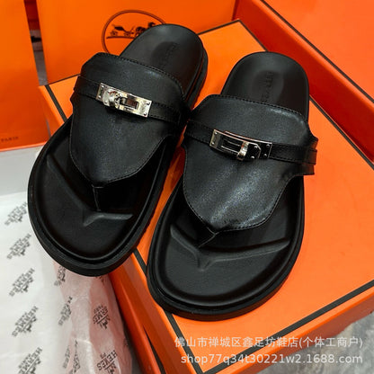H family metal lock clip toe flip flops 2026 summer new second uncle slippers women wear beach flat sandals outside