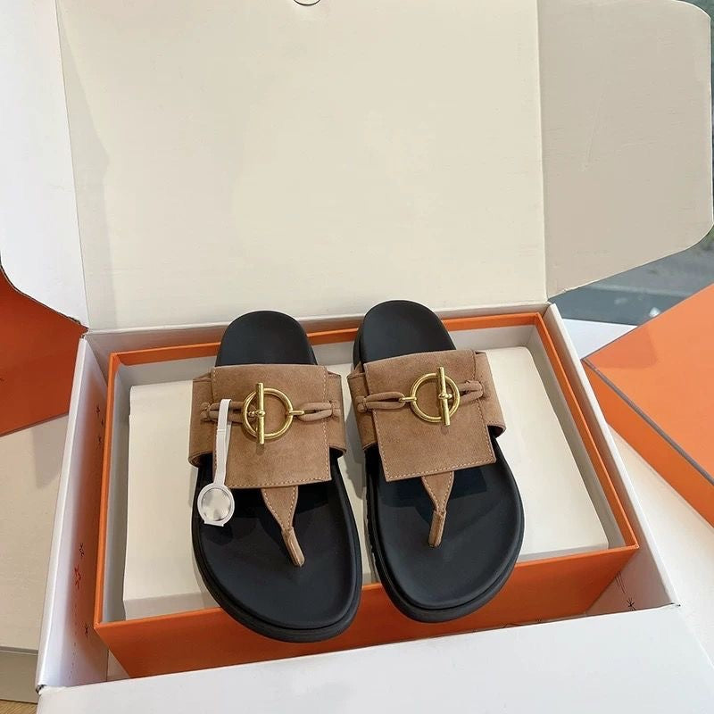 H family metal lock clip toe flip flops 2026 summer new second uncle slippers women wear beach flat sandals outside