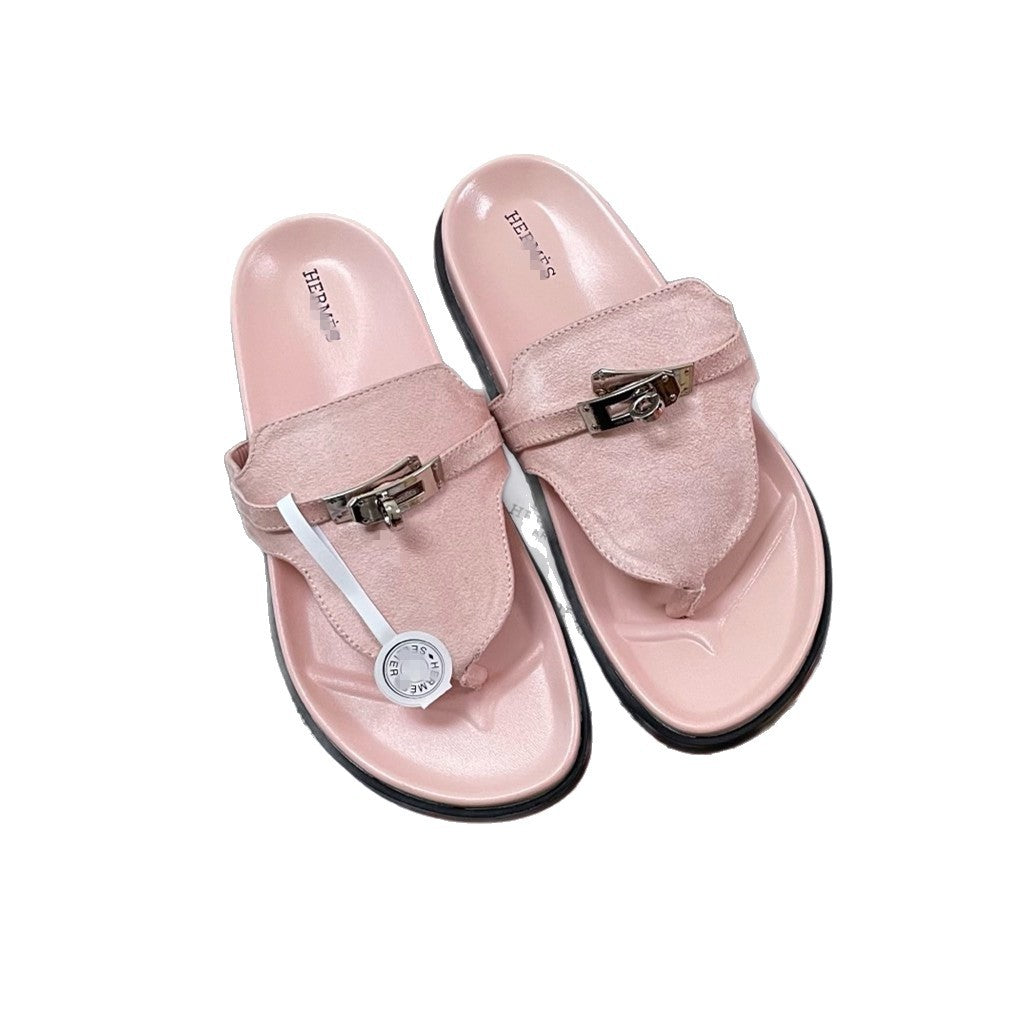 H family metal lock clip toe flip flops 2026 summer new second uncle slippers women wear beach flat sandals outside