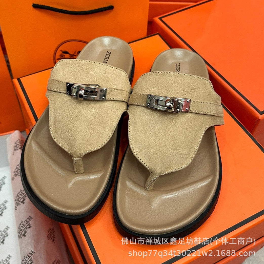 H family metal lock clip toe flip flops 2026 summer new second uncle slippers women wear beach flat sandals outside