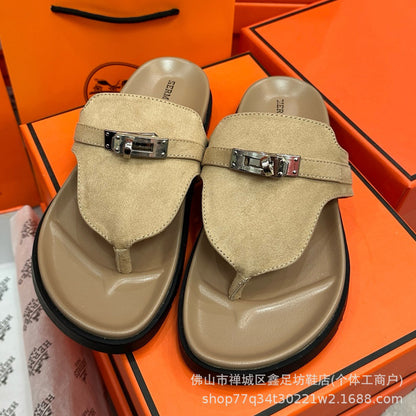 H family metal lock clip toe flip flops 2026 summer new second uncle slippers women wear beach flat sandals outside