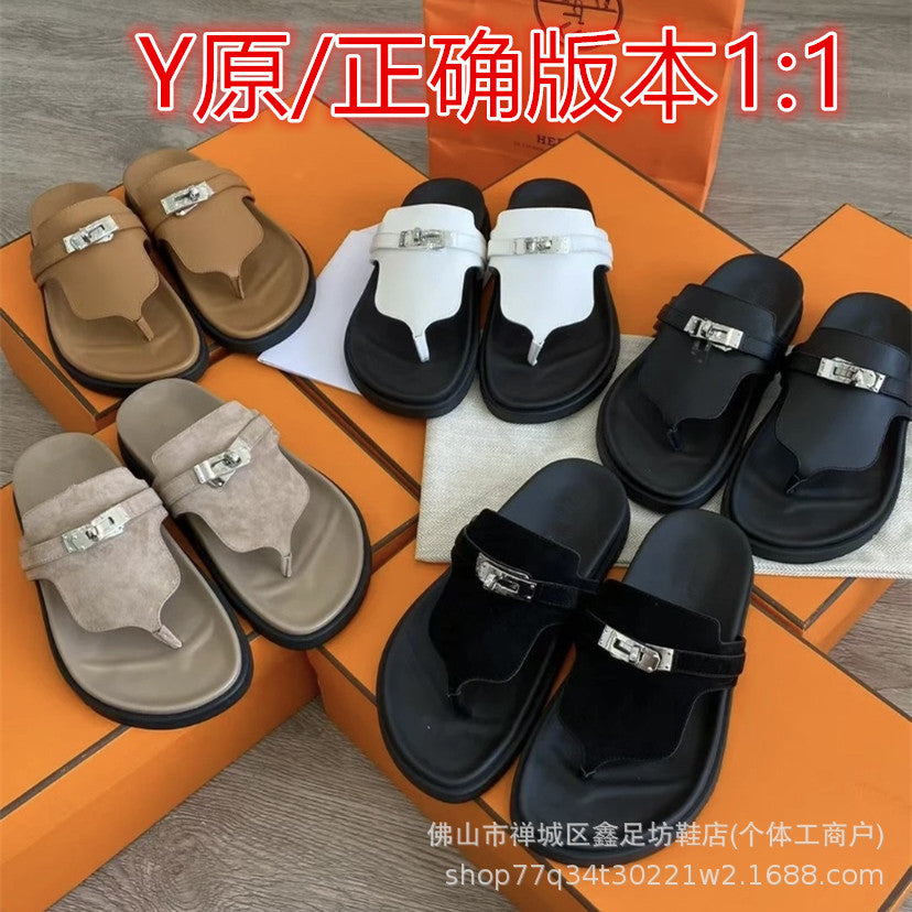 H family metal lock clip toe flip flops 2026 summer new second uncle slippers women wear beach flat sandals outside
