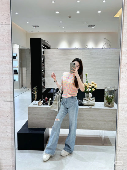 Bead-embossed jeans for women, loose casual niche design, straight-leg pants with a drape feel, spring/summer Chanel style