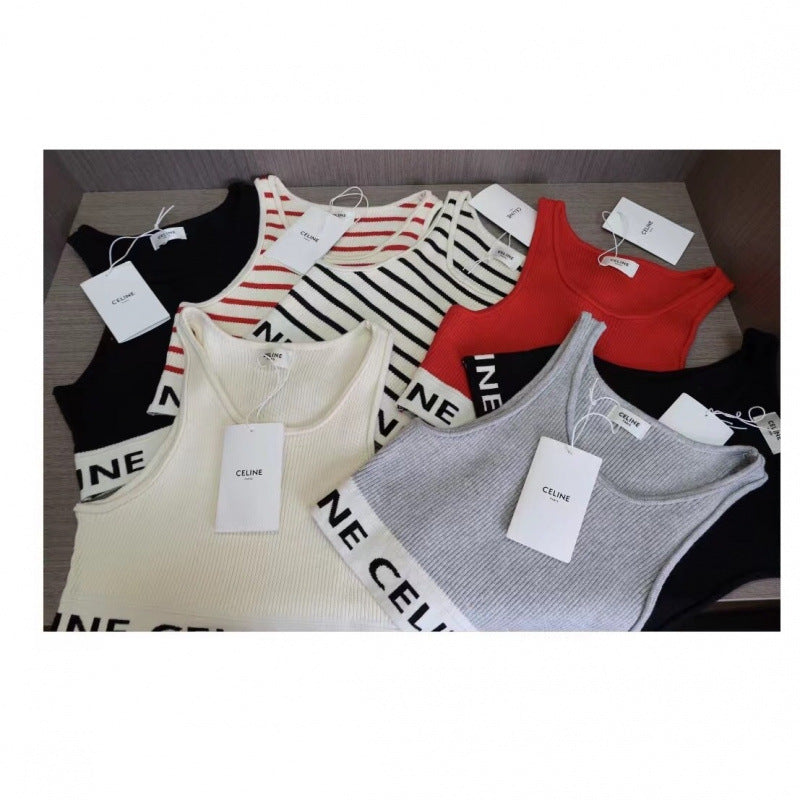 Real shot correct version Ce22 spring and summer new simple striped U-shaped knitted striped vest bottoming short female