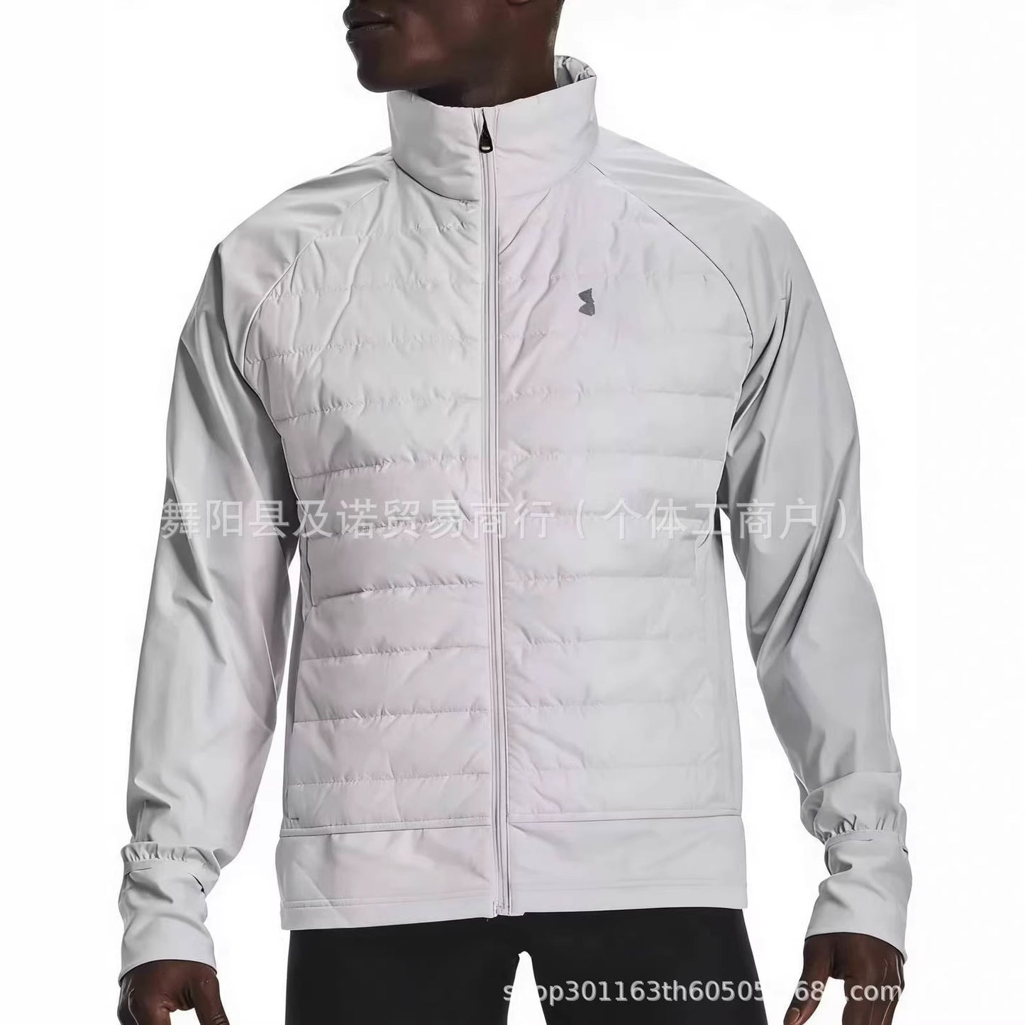 Cross-border Men's New Warm Stand Up Collar Zipper Long Sleeve Running Sports Reflective Hybrid Cotton Jacket Spot White