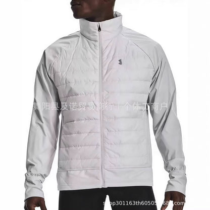 Cross-border Men's New Warm Stand Up Collar Zipper Long Sleeve Running Sports Reflective Hybrid Cotton Jacket Spot White