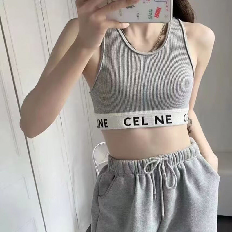 Real shot correct version Ce22 spring and summer new simple striped U-shaped knitted striped vest bottoming short female