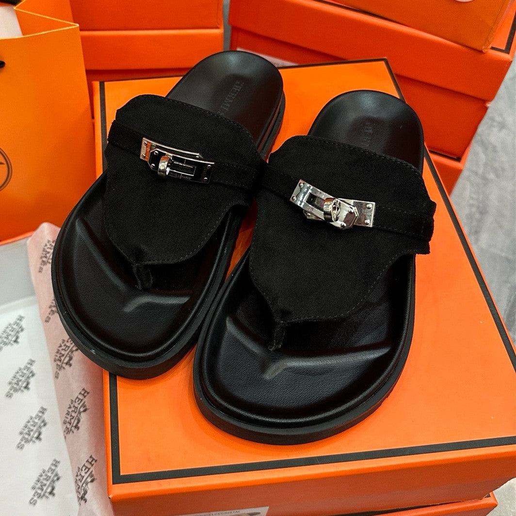 H family metal lock clip toe flip flops 2026 summer new second uncle slippers women wear beach flat sandals outside