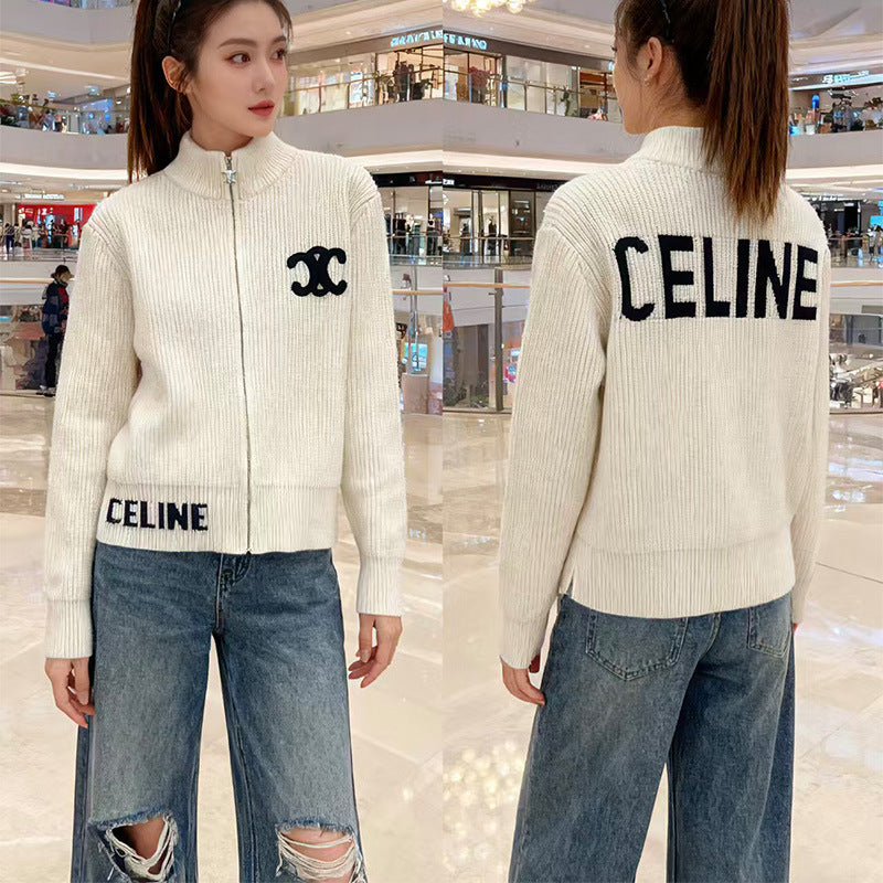 New Korean lazy style loose sweater jacket women's autumn and winter zipper letter embroidery turtleneck knitted cardigan top