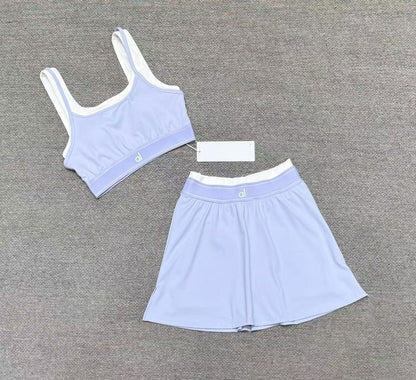 Cross-border yoga tank top short skirt set, fitness sports running with bra pads, bra, fake two-piece yoga suit