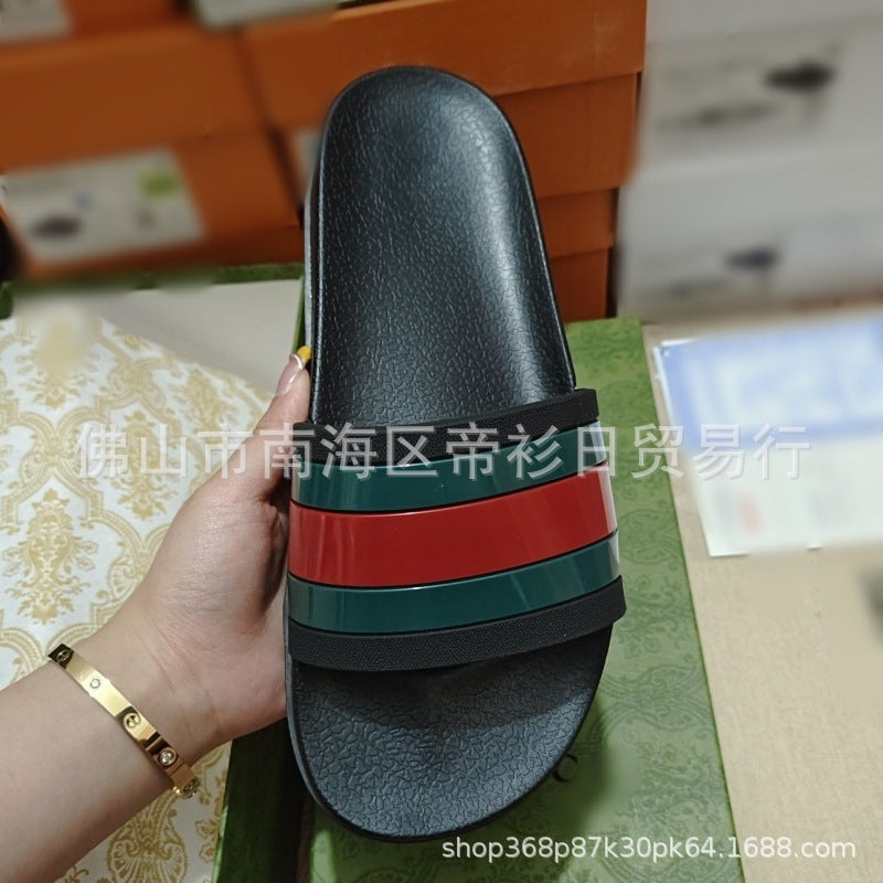 European Station Southeast Asian High Quality Unisex Slippers Thick-soled Stripe Letter Print Anti-Slip Rubber Slippers