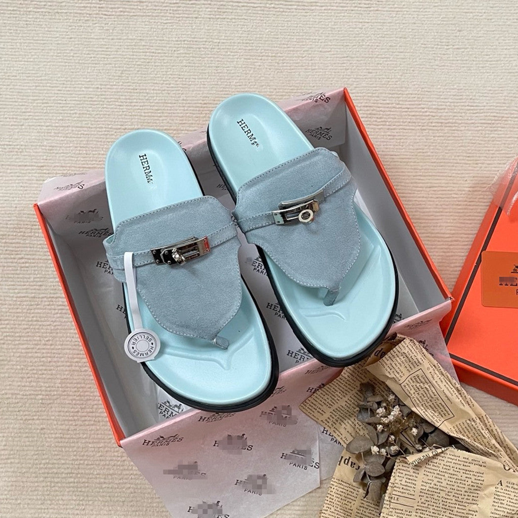 H family metal lock clip toe flip flops 2026 summer new second uncle slippers women wear beach flat sandals outside