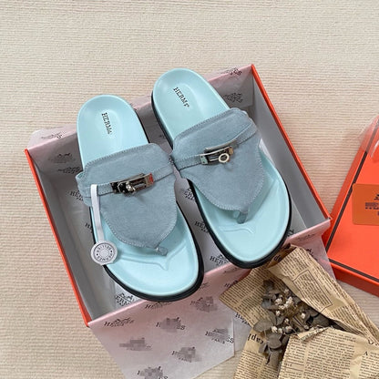 H family metal lock clip toe flip flops 2026 summer new second uncle slippers women wear beach flat sandals outside