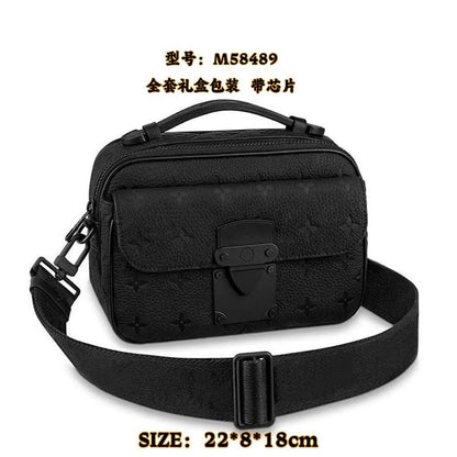 New Men's Crossbody Bag, Solid Black Samurai Bag, Shoulder Bag, Men's Cowhide Postman's Bag, Top Cowhide Camera Bag
