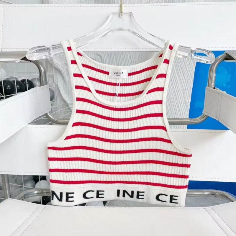 Real shot correct version Ce22 spring and summer new simple striped U-shaped knitted striped vest bottoming short female