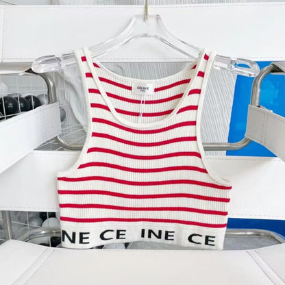 Real shot correct version Ce22 spring and summer new simple striped U-shaped knitted striped vest bottoming short female