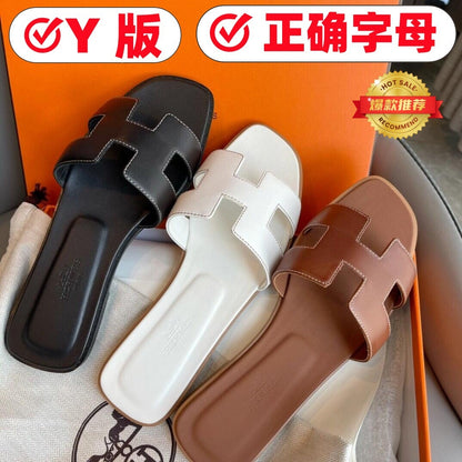 2026 new H slippers women's fashion wears leather sandals, rhinestones, versatile flat beach sandals, slippers