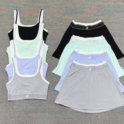 Cross-border yoga tank top short skirt set, fitness sports running with bra pads, bra, fake two-piece yoga suit