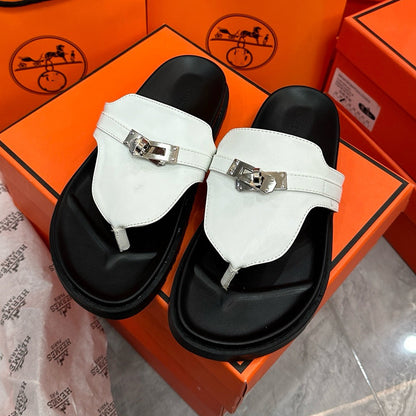 H family metal lock clip toe flip flops 2026 summer new second uncle slippers women wear beach flat sandals outside