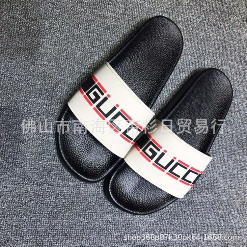 European Station Southeast Asian High Quality Unisex Slippers Thick-soled Stripe Letter Print Anti-Slip Rubber Slippers