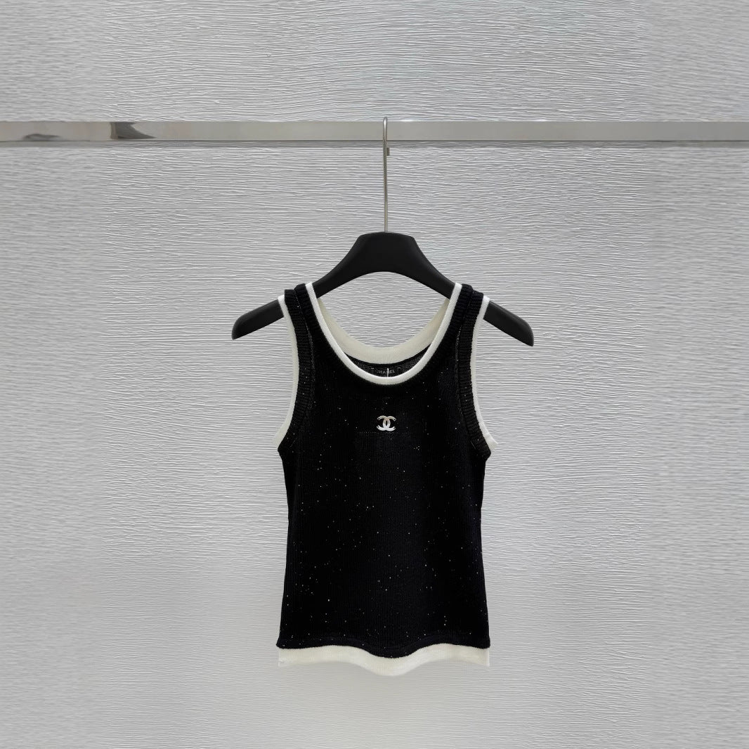2025 new high luxury beaded gauze women's vest top fashionable and versatile, fine wool small fragrance