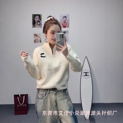Nanyou Haute Couture CE25SS Winter New Heavy-Duty Embroidered Zipper Cardigan, Fashionable Versatile Black and White Tops for Women