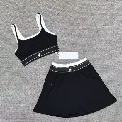 Cross-border yoga tank top short skirt set, fitness sports running with bra pads, bra, fake two-piece yoga suit