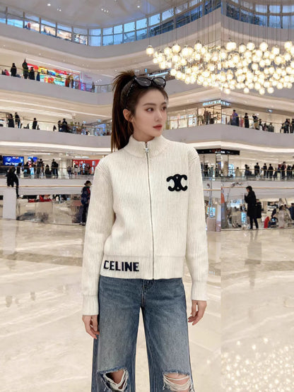 New Korean lazy style loose sweater jacket women's autumn and winter zipper letter embroidery turtleneck knitted cardigan top
