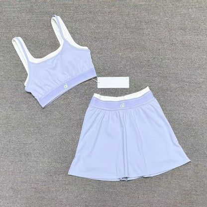 Cross-border yoga tank top short skirt set, fitness sports running with bra pads, bra, fake two-piece yoga suit