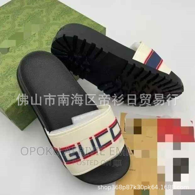 European Station Southeast Asian High Quality Unisex Slippers Thick-soled Stripe Letter Print Anti-Slip Rubber Slippers