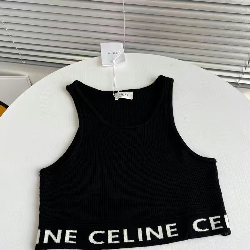 Real shot correct version Ce22 spring and summer new simple striped U-shaped knitted striped vest bottoming short female