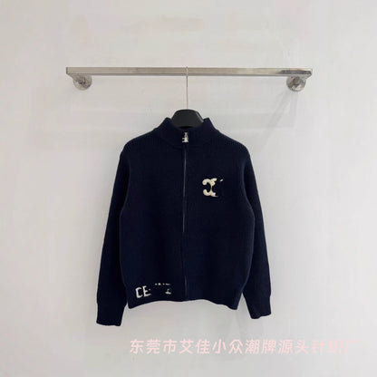 Nanyou Haute Couture CE25SS Winter New Heavy-Duty Embroidered Zipper Cardigan, Fashionable Versatile Black and White Tops for Women