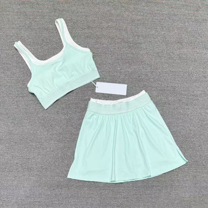 Cross-border yoga tank top short skirt set, fitness sports running with bra pads, bra, fake two-piece yoga suit