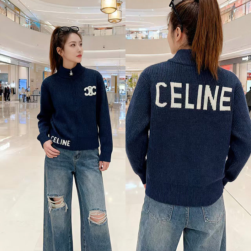 New Korean lazy style loose sweater jacket women's autumn and winter zipper letter embroidery turtleneck knitted cardigan top