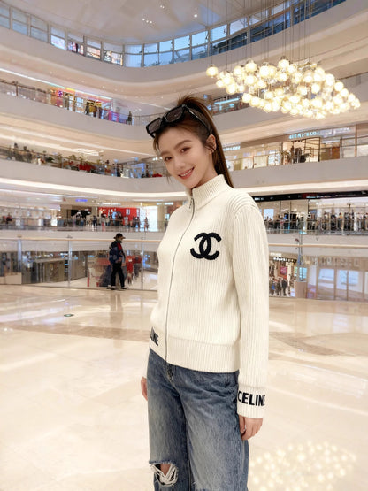 New Korean lazy style loose sweater jacket women's autumn and winter zipper letter embroidery turtleneck knitted cardigan top