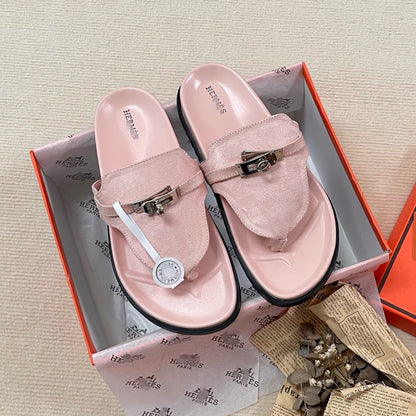 H family metal lock clip toe flip flops 2026 summer new second uncle slippers women wear beach flat sandals outside