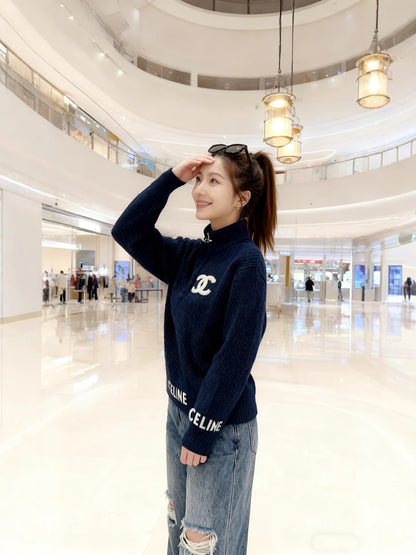 New Korean lazy style loose sweater jacket women's autumn and winter zipper letter embroidery turtleneck knitted cardigan top