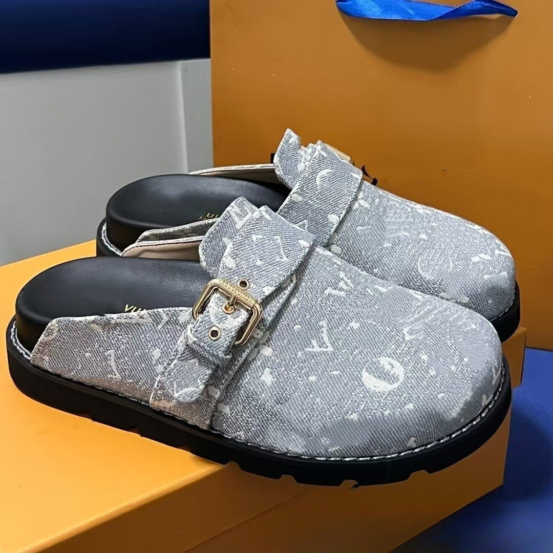 Summer new Louis letter slippers, sandals, women's outerwear, thick-soled outerwear, couple's closed-toe half-slippers (Copie 2)