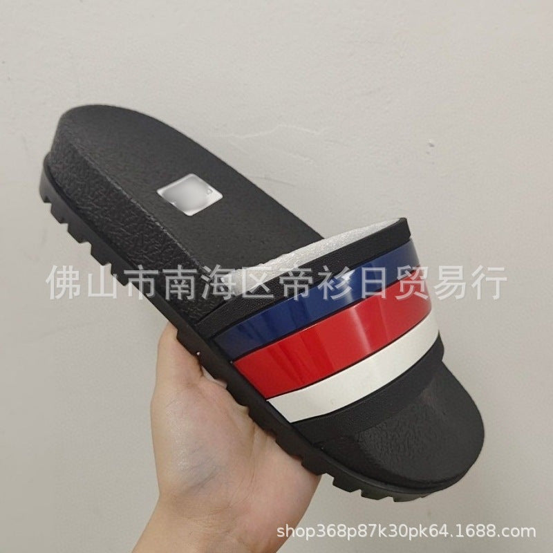 European Station Southeast Asian High Quality Unisex Slippers Thick-soled Stripe Letter Print Anti-Slip Rubber Slippers