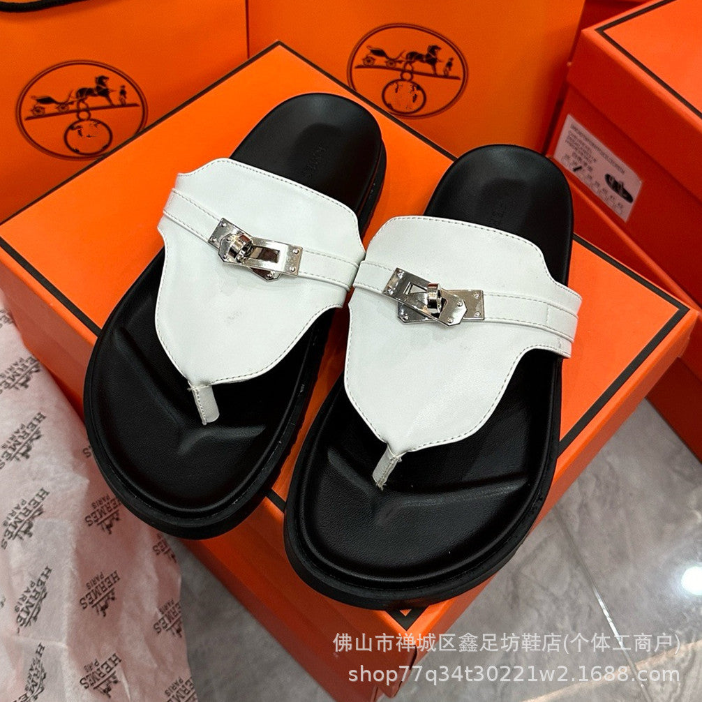 H family metal lock clip toe flip flops 2026 summer new second uncle slippers women wear beach flat sandals outside