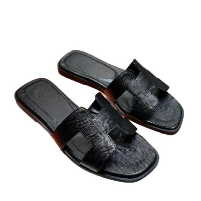 2026 new H slippers women's fashion wears leather sandals, rhinestones, versatile flat beach sandals, slippers