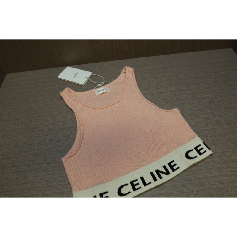 Real shot correct version Ce22 spring and summer new simple striped U-shaped knitted striped vest bottoming short female